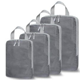 QiYiCAT 4 x Suitcase Organiser Compression, 4-Piece Compression Cube Set in Various Sizes - for Travel & Household, Grey