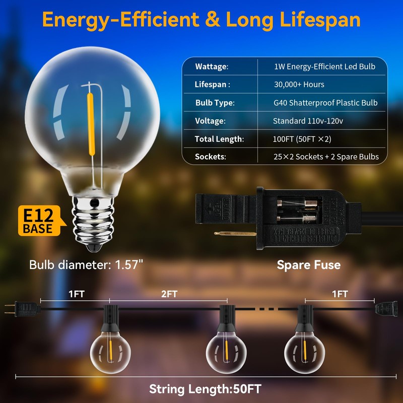 100ft Outdoor String Lights Waterproof/Connectable/Dimmable with 52 LED Shatterproof Bulbs,2-Pack