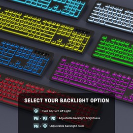 KOPJIPPOM Large Print Backlit Wireless Keyboard, 2.4G Silent Wireless Light Up Keyboard, Full Size Computer Keyboards with 7 Colored Backlits, Rechargeable Keyboards for Windows, PC, Laptop