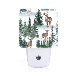 FSHVQKD Watercolor Deer and Forest Night Light,Plug Into Wall for Boys Girls Bedroom Decorative Square Night Light Lamp 0.5w Sleep Friendly