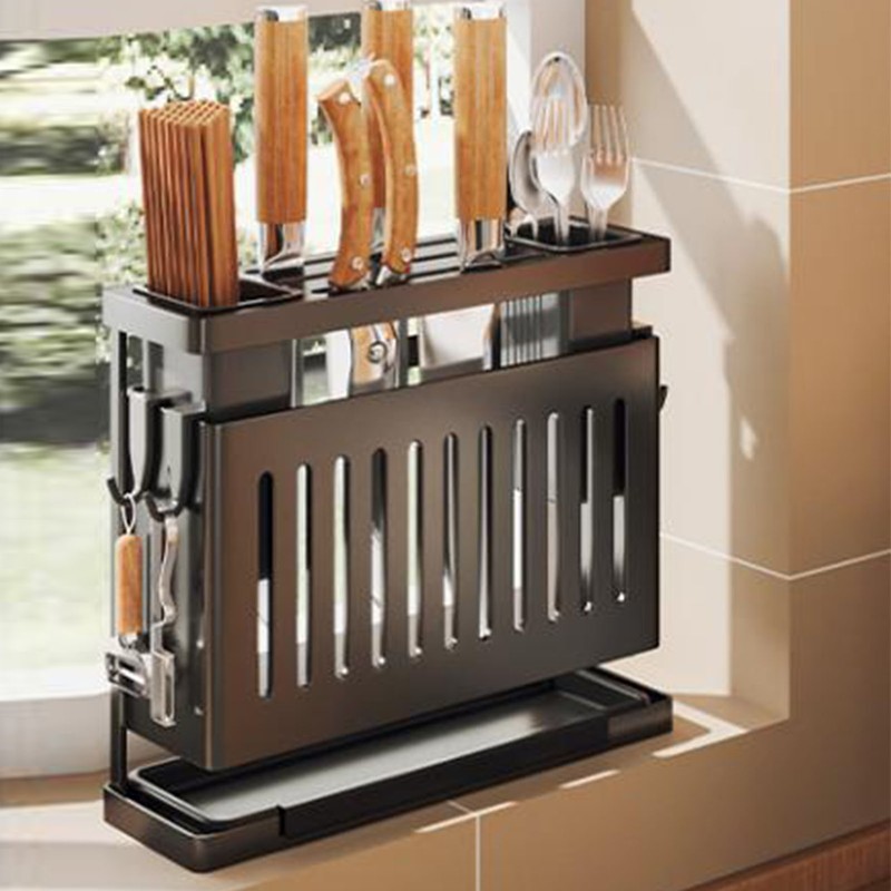 Kitchen Knives Chopstick Rack with Draining Tray Wall Mounted Multifunctional