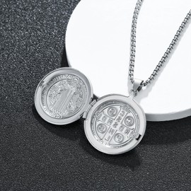 HANRESHE St Benedict Medal Locket Necklace, Stainless Steel, Double-Sided Religious Pendant, Silver