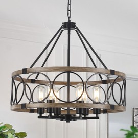 6-Light Farmhouse Chandelier for Dining Room 21.65”Rustic Chandeliers Imitation Wood Grain Light Fixture Modern Drum Large Black Chandelier for Kitchen Island Entryway Foyer Bedroom Hallway,E26