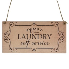 Second Ave Funny Open 24 Hours Laundry Service Wooden Hanging Rectangle Home Utility Washing Sign Plaque