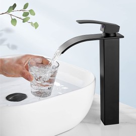 Aolemi Tall Bathroom Faucet Vessel Sink Faucet Single Hole 1 Handle Lavatory Vanity RV Deck Mount Mixer Tap with Pop Up Drain Assembly, Matte Black, Waterfall Spout