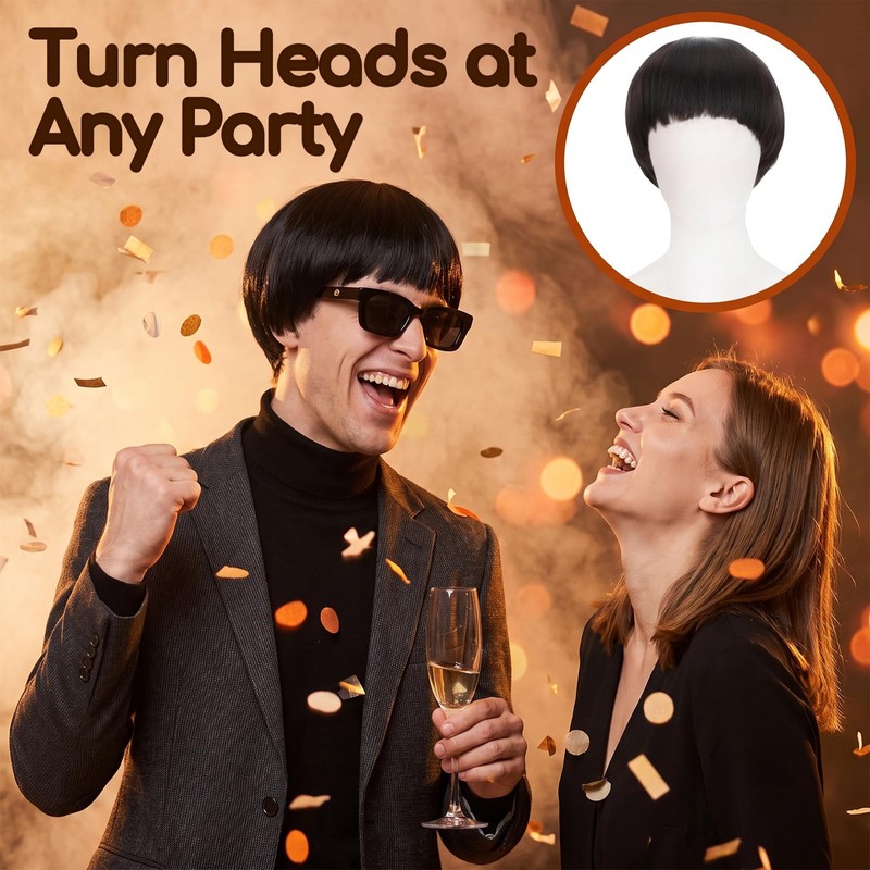 Thhiit 5 Pcs Bowl Cut Wig Set, Funny Black Bangs