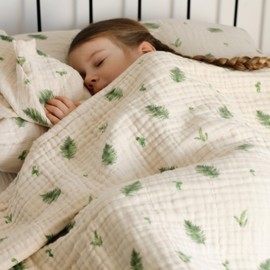 House of Elia 100% Organic Cotton Muslin Blanket, Throw Blanket for Adults Toddlers & Kids, 4- Layer Muslin Blanket. Breathable, Washable, 60x72, Fern