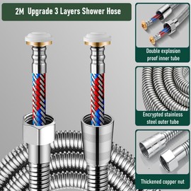 YOXITIXOY Shower Hose，Upgrade 3 Layers Stainless Steel Shower Tube，Anti-Kink and Leak-Proof，High Pressure Resistance，Easy DIY Replacement，Universal G 1/2 Connection. (2M)