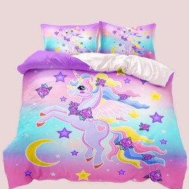 AOXHFNVUnicorn Girls Pink Bed Linen Set 135 x 200 cm Cute Unicorn Star Moon Pattern Duvet Cover Unicorn Bedding for Children, Boys and Girls (Pink, 135 x 200 cm)
