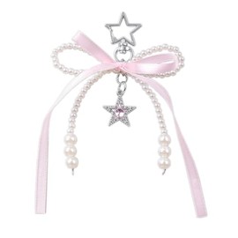 ChungLong0593 Cute Silk Ribbon Bow Knot Stars Charms Keychain Y2K Pearl Bow Knot Key Ring for Women for Car Keys Holder Bag Purse-Pink