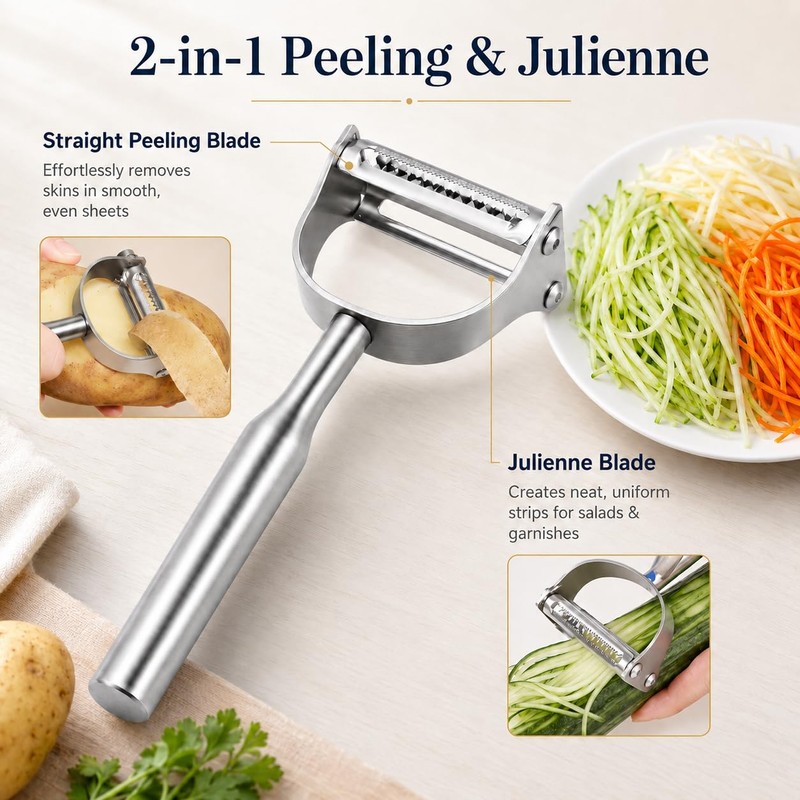 2-in-1 Julienne Vegetable Peeler, Stainless Steel Y Peeler with Dual