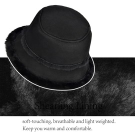 Harssidanzar Mens and Womens Winter Shearling Bucket Hat Lambskin Leather Warm Fisherman Cap CU608US, Black, Size Large