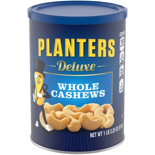 PLANTERS Deluxe Whole Cashews,Resealable Jar - Wholesome Snack Roasted in Peanut Oil with Sea Salt - Nutrient-Dense Snack & Good Source of Magnesium, 517g