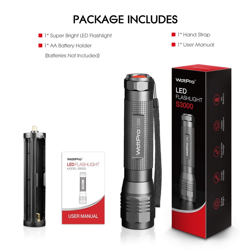 WdtPro High-Powered LED Flashlight S3000, Super Bright Flashlights - High