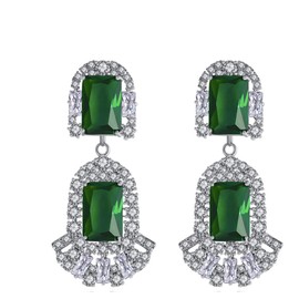 Silver Tone Antique Vintage Retro Flapper Style Art Deco Gatsby Emerald Green Clear Zircon Rhinestone Wedding Bridal Earrings