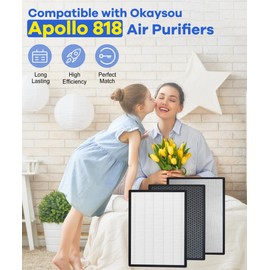Facecool Replacement Filter Compatible with Okaysou Apollo 818 Air Purifier, H13 HEPA and Activated Carbon filters, with 3-Stage Filtration (3 Pack)