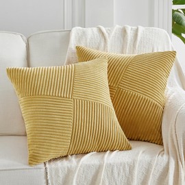 FDTERN Set of 2 Turmeric Boho Decorative Cushion Covers 45 x 45 cm with Diagonal Striped Pattern Soft Corduroy Cushion Cover Decorative Cushion Covers Sofa Cushion Decorative Cushion Decoration for