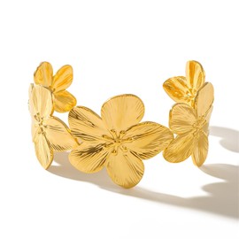 Annpro Gold Wide Cuff Bracelets for Women,Vintage Chunky Golden Flower Bracelet Boho Trendy Cute Floral Open Thick Arm Cuff Bangles Minimalist Statement Jewelry (Gold)