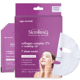 Petal Fresh Skin ResQ Age Rewind Sheet Mask with Collagen Complex 2% + Rosehip Oil, JUMBO 7 Pack, Firming Korean Face Mask for Mature Skin, Hydrating, Wrinkle Care, Fragrance-Free, Vegan