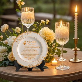 QNMUSUNC Anniversary Wedding Plate, Anniversary Wedding Gifts for Couple, Decorations Gift for Wife Husband, Ceramic with Stand (4th Plate)