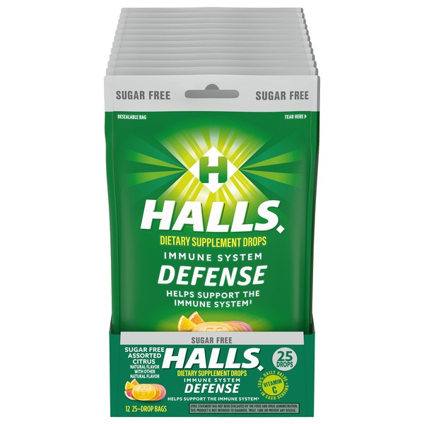 HALLS Defense Assorted Citrus Sugar Free Vitamin C Drops, Dietary Supplement Drops, 12 Bags of 25 Drops (300 Total Drops)