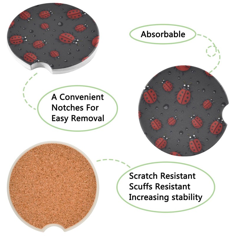 KEEPREAL 2 Pack Red Ladybugs Car Coasters for Drinks Absorbent,