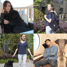 BlueHills Premium Soft Travel Blanket Pillow Airplane Blanket Packed in Soft Bag Pillowcase with Luggage Sleeve Compact Pack Large Traveling Packable Lightweight Gifts Black T008