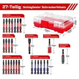 Geinxurn 27-Piece Screwdriver Bit Set Made of Impact-Resistant, S2 Steel, Magnetic Torx, Phillips, Pozidriv, Slotted, Hex Head Bit Set, 1/4 Inch Hex Shank, Includes Bit Holder with Red Storage Box