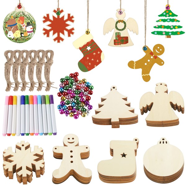3 otters 100PCS Wooden Christmas Ornaments Unfinished Set with 100PCS Christmas Mini Bells, 12 Color Pens, 100PCS Jute Twines, Wooden Slices Ornaments for Christmas Decoration and DIY Craft Making Kit