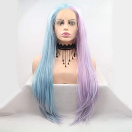 Half Pink Blue Synthetic Lace Front Wigs for Women Natural Looking Long Straight Rainbow Lace Front Wig Heat Resistant Replacement Ombre Hair Cosplay Wigs for Black Women Ladies Wigs 24 Inch