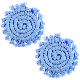 2PCS Cotton Coaster, Handmade Knitted Car Coasters for Cup, Universal Boho Holders, Auto Macrame Non-Slip Cup Holder, Removable Car Interior Accessories for Keep Vehicle Clean - Blue