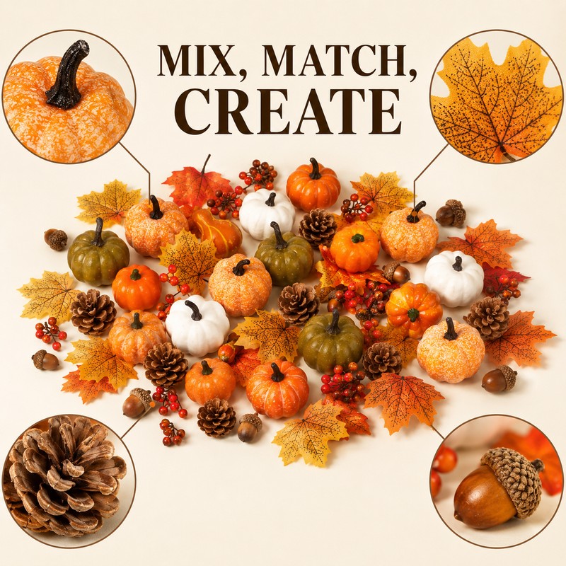 50Pcs Thanksgiving Artificial Pumpkins Set with Leaves Acorns and Pine
