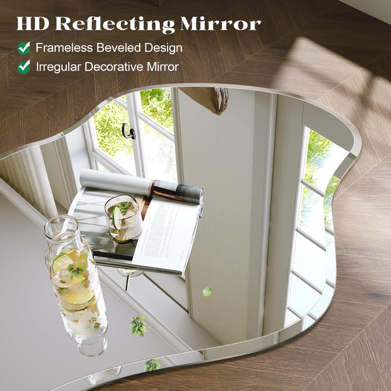 Wiserset Irregular Wall Mirror, 20”x36” Frameless Asymmetrical Mirror, Funky Wavy