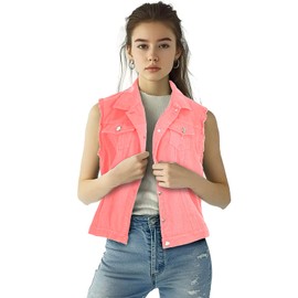 XIOLKI Women's Lapel Blue Denim Vest Buttoned Vest Jacket(XXL,Pink)