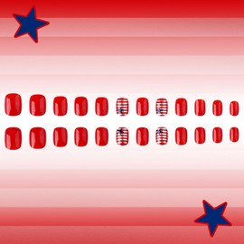 Independence Day Press on Nails Red Fake Nails with Star Stripes Design Glossy Gel Glue on Nails 4th of July False Nails Short Square Full Cover Acrylic Stick on Nails for Women Girls 24Pcs