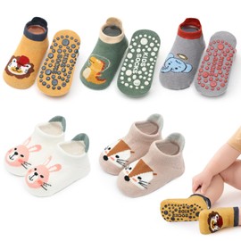 angelikashalala 5 Pairs of Baby Non-Slip Socks, Non-Slip Baby Socks with Cartoon Animal Motifs for Baby Girls Boys Children, gray