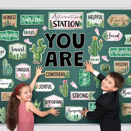 Weekgrat 45pcs Cactus Affirmation Station Bulletin Board Set Motivational Posters Classroom Mirror Growth Mindset Decor Positive Affirmations Accents Cutouts for School Office Home Teacher Wall