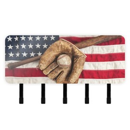 susiyo Vintage Baseball Bat Glove and Ball on A American Flag Wall Mounted Mail Holder Key Holder with 5 Key Hooks and Mail Organizer for Wall Decor