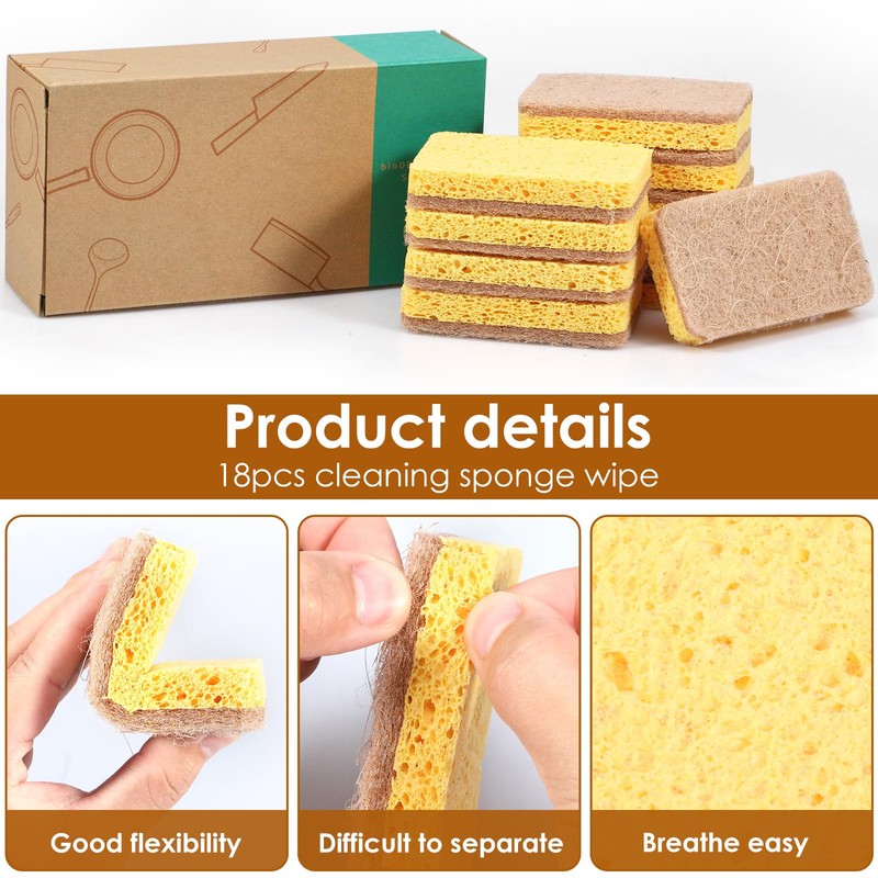 Foribyw 18 Pack Biodegradable Kitchen Sponges, Natural Plant Based Scrub