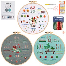 ASTNIC 3 Sets Embroidery Kit for Beginners, Cross Stitch Kits with Flower Mushroom Stamped Pattern Embroidery Hoop Needle Kit DIY Knitting Kit Arts and Crafts for Adults Embroidery Starters (Plant&Mushroom)