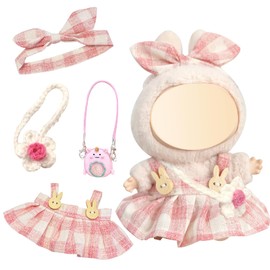 Xerteam Doll Clothes for 17cm Dolls, 4 Pcs Pink Plaid Suspender Skirt with Flower Bag, Plush Doll Clothes & Accessories Cute Sweet Outfit for Girls Boys Gift (No Doll)
