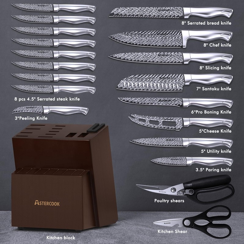 Knife Set, Astercook 21 Pieces Kitchen Knife Set with Built-in