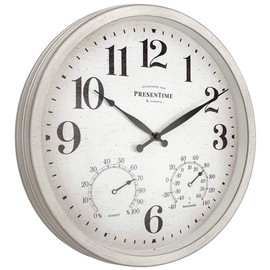 Presentime & Co 16" Farmhouse Series in/Outdoor Clock with Thermometer & Hygrometer, Weathered White Color. Weather Thermometer, Weather Station, Farmhouse Décor, Outdoor Décor, Wall Décor.