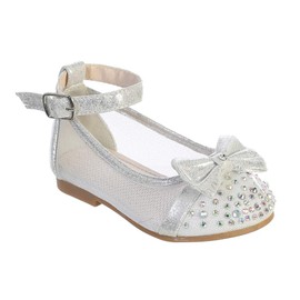 Silver Infant Toddler Girls Mesh Flats with Elastic Strap/Rhinestone and Bow Flower Girls Shoes #137 Silver Size 3