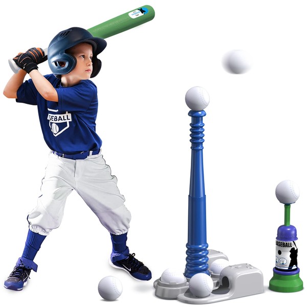 QDRAGON T Ball Sets for Kids 3-5 5-8, Kids Baseball Tee with 6 Balls/Adjustable Batting Tee/Automatic Pitching Machine, Outdoor Sport Toys for Toddlers Boys and Girls