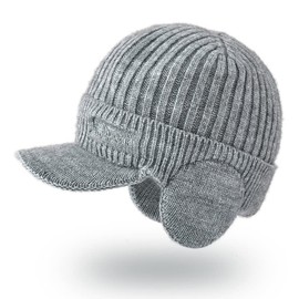YAMEE Men's Winter Hat Knitted Cap Winter Cap Women's Knitted Hat Beanie with Peaked Cap Peaked Cap with Ear Flaps Men's Ear Protection, 9125/light grey