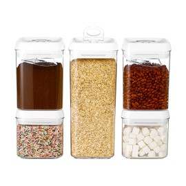 Felli Flip Tite Food Storage Container 5" LARGE 5pk Set + No Residue Label, Airtight Lid Easy Lock Top Stackable, Plastic Canister Jar for Pantry Kitchen Fridge Organizer Pasta Protein Powder Spice