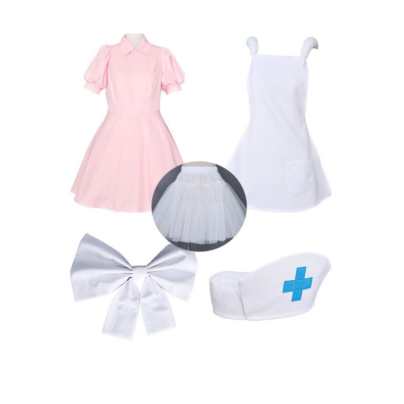 Cosplay.fm Disfraz de enfermera para mujer, vestido rosa con sombrero