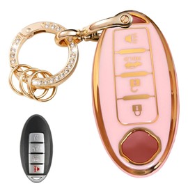 WENHENI Keyless Entry Systems Key for Nissan Key Fob Cover Shell with Keychain Fit for Nissan Altima Maxima Rogue Armada Pathfinder Smart Key (4Buttons Gold-Pink)
