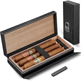 Leather Cigar Humidor Case With Cigar Cutter & Humidifier, Premium Cedar Wood Linning, Sealed Design and Magnetic Closure, Travel Companion, Gift for Cigar Lovers
